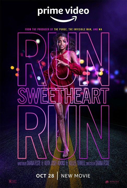 Poster for the movie 'Run Sweetheart Run' featuring a young black woman in a red dress running towards the camera.