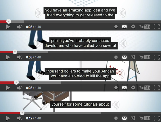 Excerpts from four videos showing terrible auto-generated closed captions. The closed captions read as follows: You have an amazing app idea and I've tried everything to get release to the public you've probably contacted developers who have called you several thousand dollars to make your African you have also tried to kill the app yourself for some tutorials about