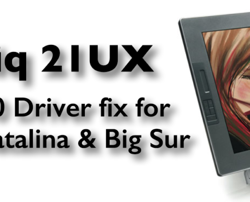 A Wacom Cintiq 21UX, to the right of a headline that reads, "Cintiq 21UX DTZ2100 Driver Fix. This is a 21", 3:2 aspect ratio monitor where you draw right on the screen with the Wacom Pen. It has four buttons and a touch slider on each side. On screen is a digital painting of a red-haired woman smelling roses. An arm and hand holding the pen up is in front of the screen.