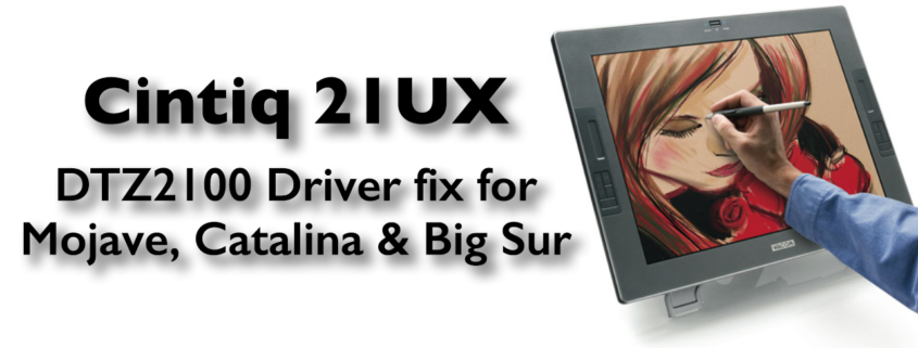 A Wacom Cintiq 21UX, to the right of a headline that reads, "Cintiq 21UX DTZ2100 Driver Fix. This is a 21", 3:2 aspect ratio monitor where you draw right on the screen with the Wacom Pen. It has four buttons and a touch slider on each side. On screen is a digital painting of a red-haired woman smelling roses. An arm and hand holding the pen up is in front of the screen.