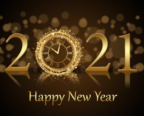 A stylized, bright gold “2021” with a clock striking 10 p.m. as the “0”, on deep brownbackground, with the words, "Happy New Year" in bright gold, all reflected horiztonally.