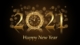 A stylized, bright gold “2021” with a clock striking 10 p.m. as the “0”, on deep brownbackground, with the words, "Happy New Year" in bright gold, all reflected horiztonally.